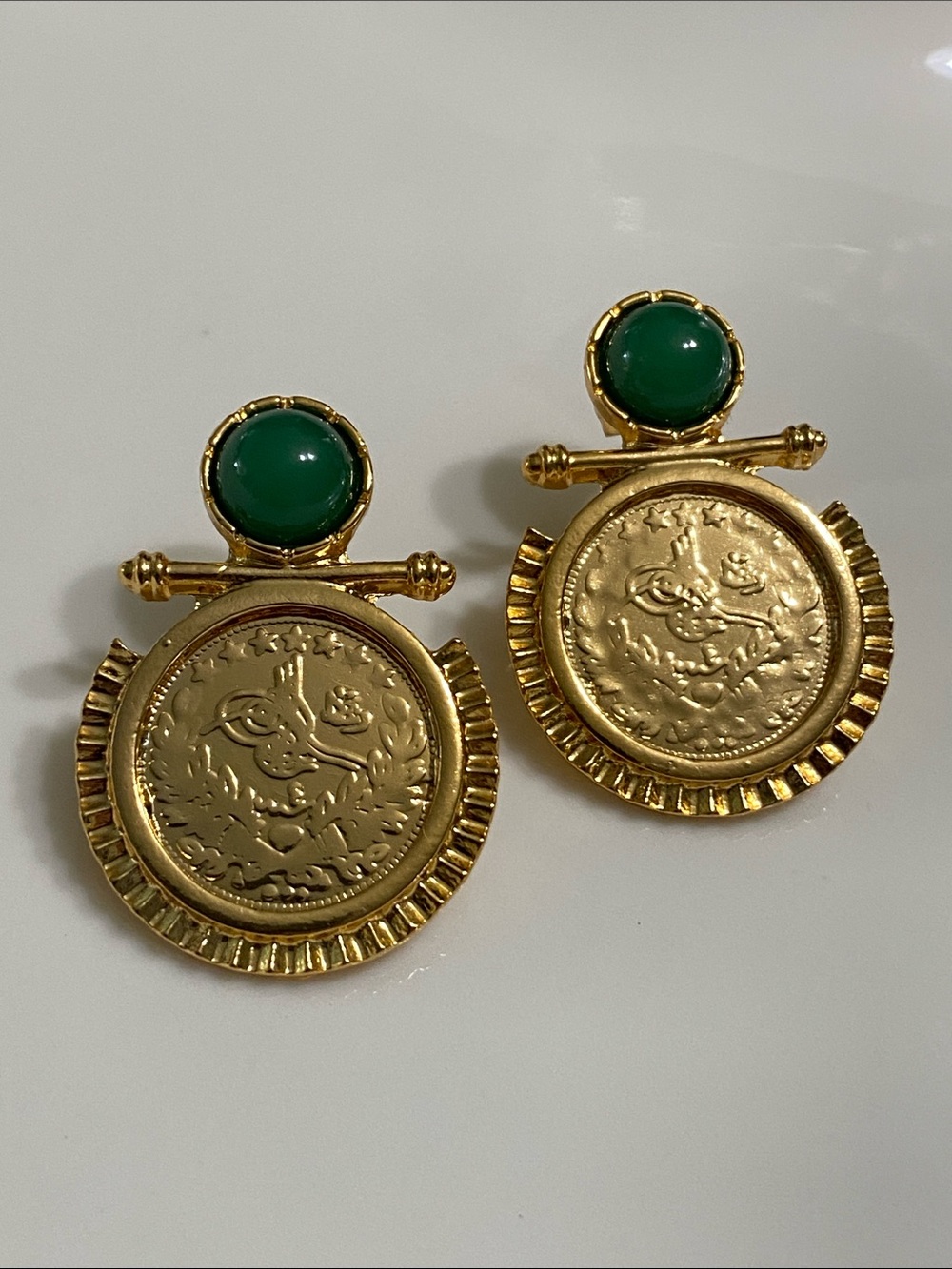 Gold-Tone Coin Medallion Earrings with Green Cabochon